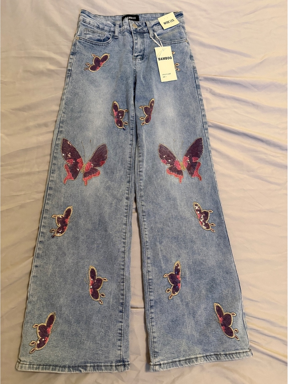 Bamboo Wide Leg Denim Jeans with Butterfly Embroidery McBling, Size 1